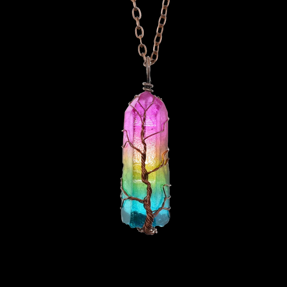 Stone Crystal Pillar Tree Of Life Pendant Necklace Natural Rainbow Column Design O-Chain Adjustable Comfort Fit