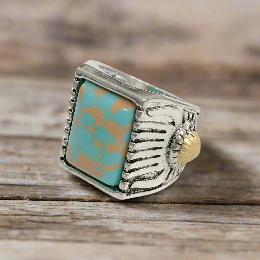 Green Turquoise Square Ring in Alloy Metal with Electroplated Finish - Stylish National-Inspired Design featuring Artificial Gems and Semi-Precious Stones