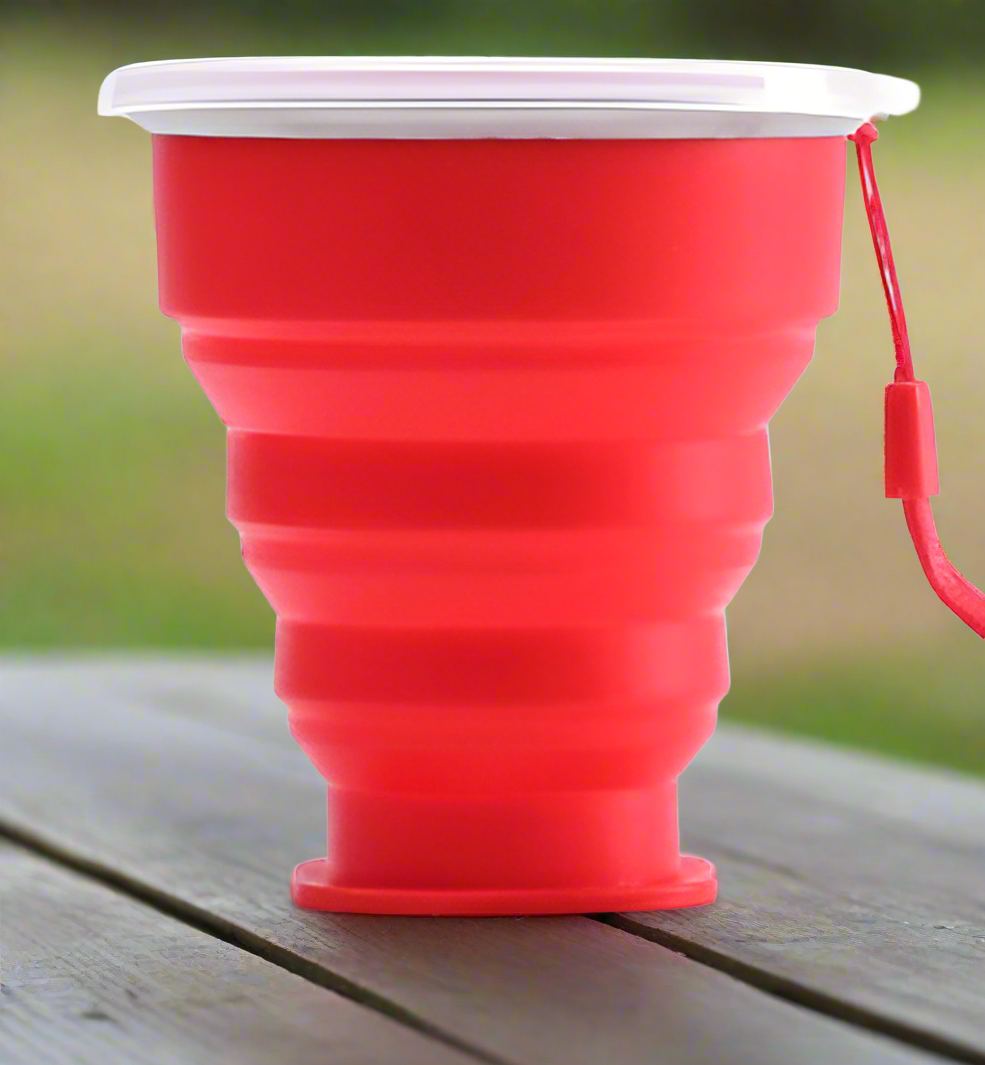 Folding Silicone Cup with Stainless Steel Rim and Plastic Lid - Portable and Durable