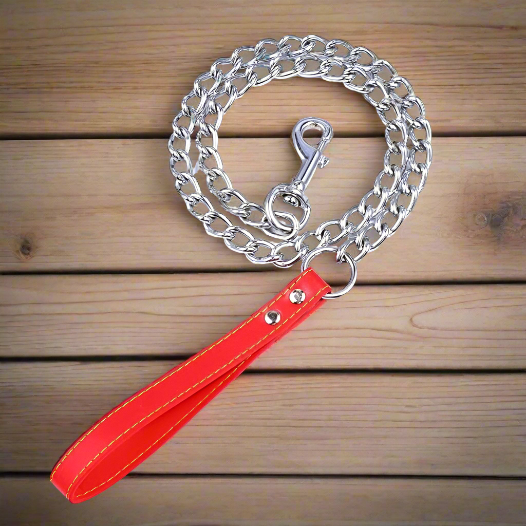 Heavy Duty Anti-bite Chain Leash with Leather Handle - 120cm - Durable Metal - Chew Proof - Suitable for Strong Dog Breeds