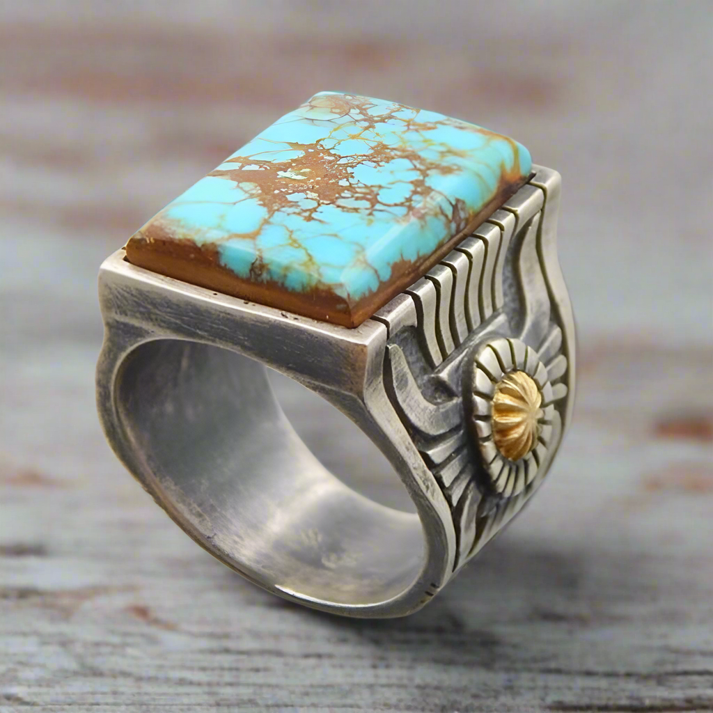 Green Turquoise Square Ring in Alloy Metal with Electroplated Finish - Stylish National-Inspired Design featuring Artificial Gems and Semi-Precious Stones