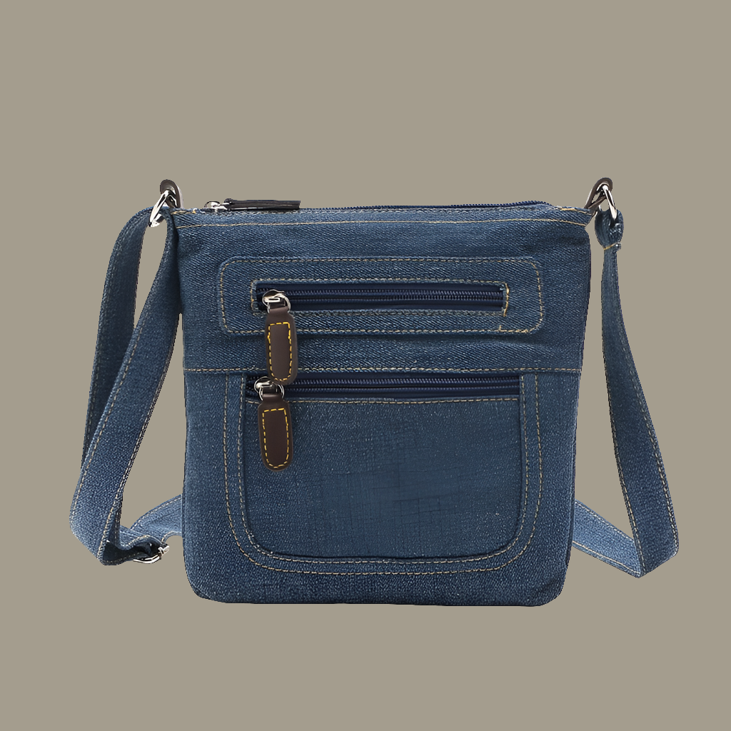 Denim Canvas Crossbody Bag with Embroidered Design - Stylish Shoulder Bag for Women