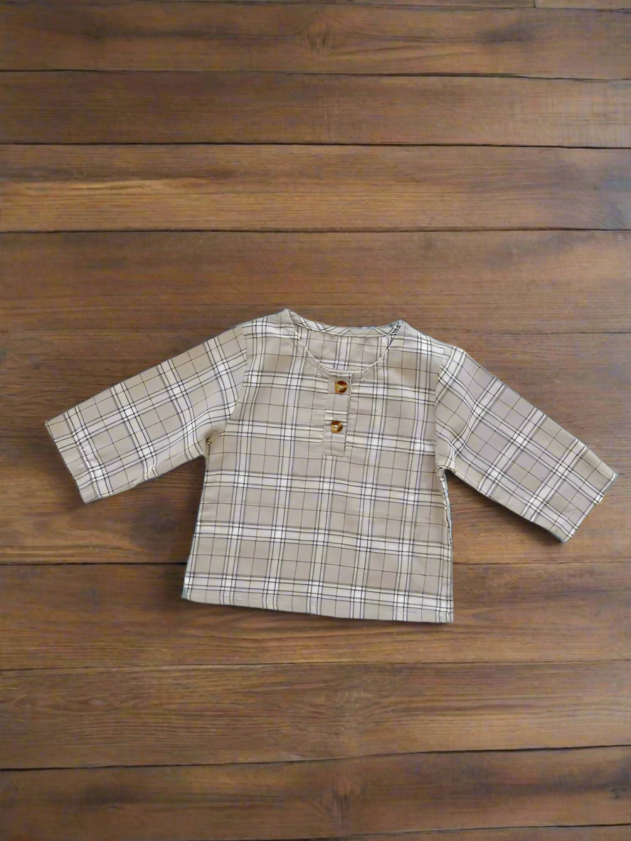 Baby Plaid Top and Denim Overalls - 100% cotton - Beige plaid pattern - Unisex for 1-3 years - Comfortable and stylish