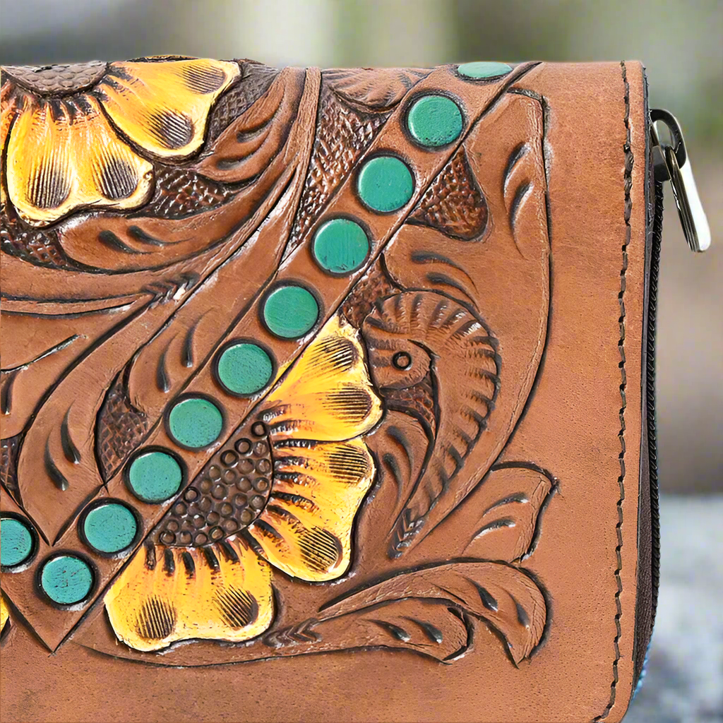 LS Western Ladies Harness Skirting Genuine Leather Carving Wallet - Sophisticated and Durable