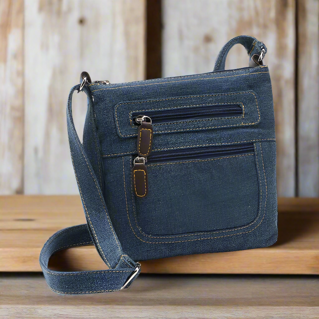 Denim Canvas Crossbody Bag with Embroidered Design - Stylish Shoulder Bag for Women