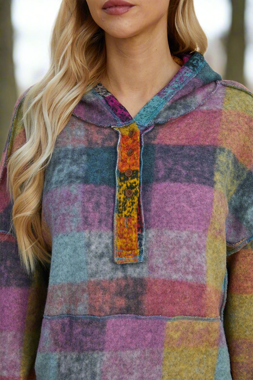 Women’s Oversized Plaid Hoodie with Dropped Shoulders and Pocket