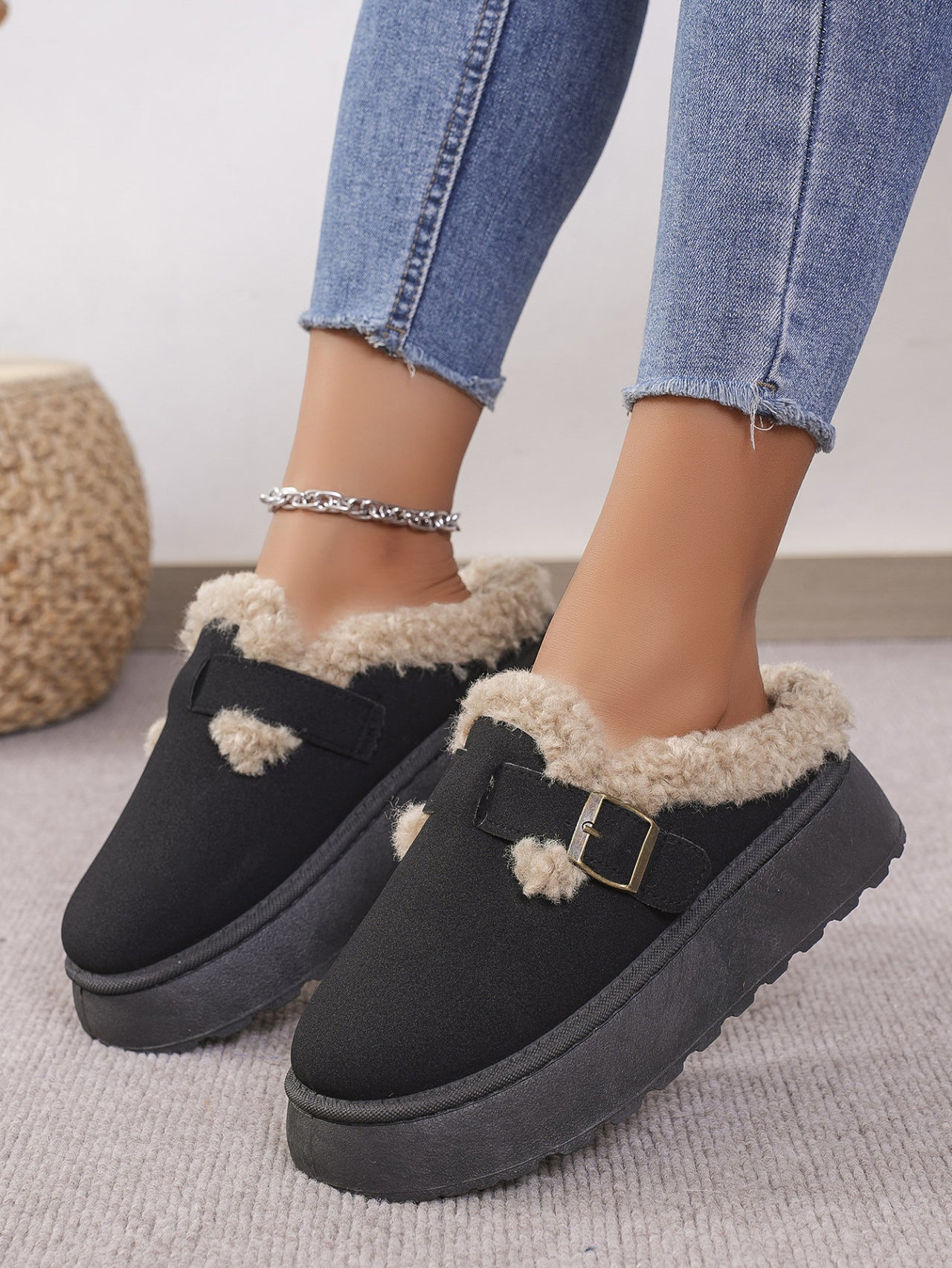 Warm and Cozy Women's Thermal Faux Fur Buckle Platform Slippers | Ultra Soft and Comfortable