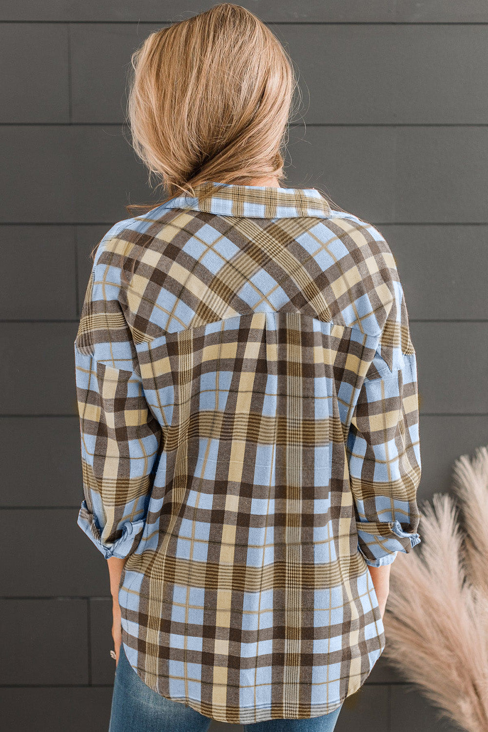 Women's Plaid Collared Neck Long Sleeve Button-Up Shirt with Pocket