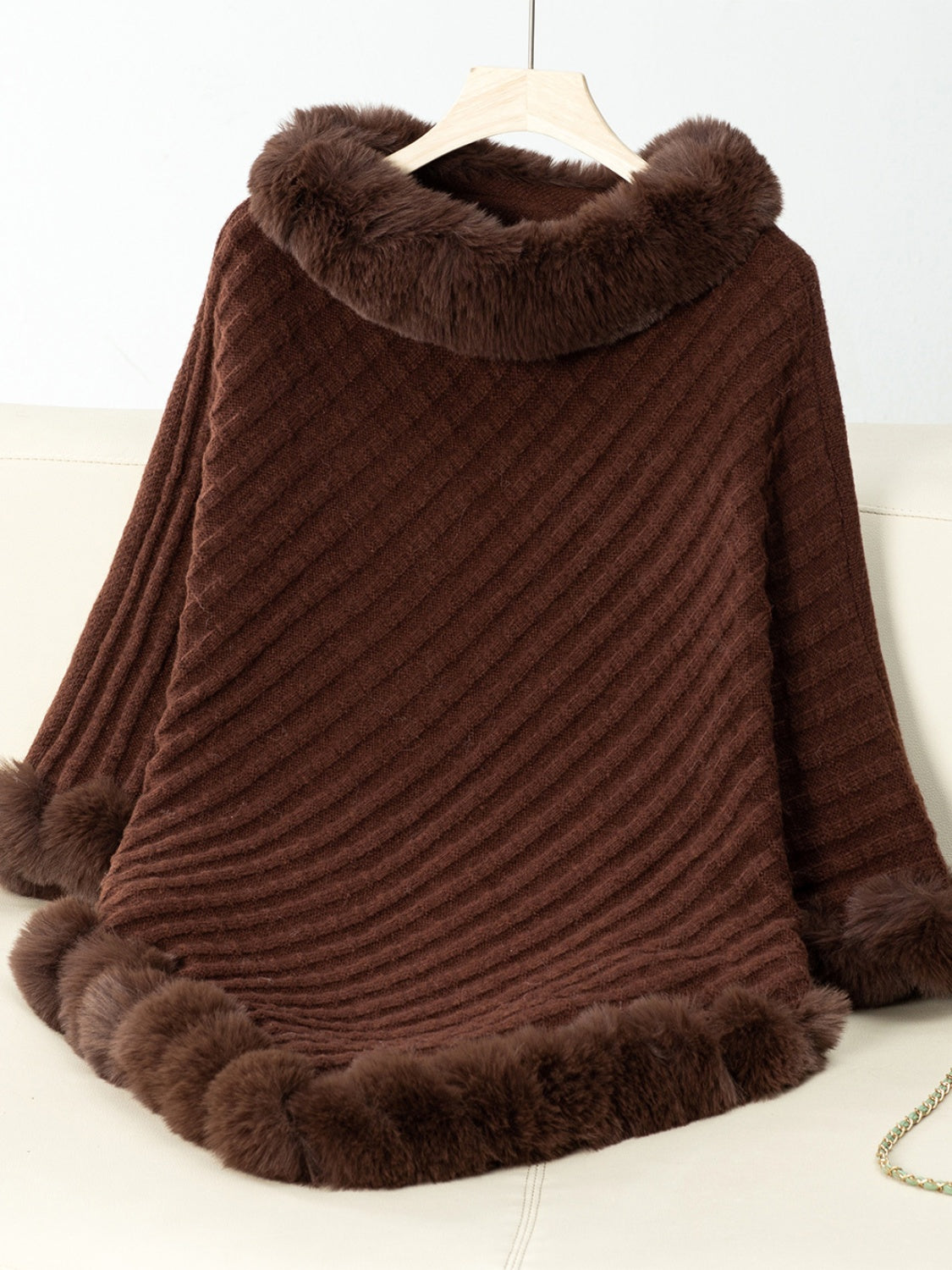 Women's Fuzzy Trim Three-Quarter Sleeve Poncho | Soft Acrylic Texture for Everyday Wear