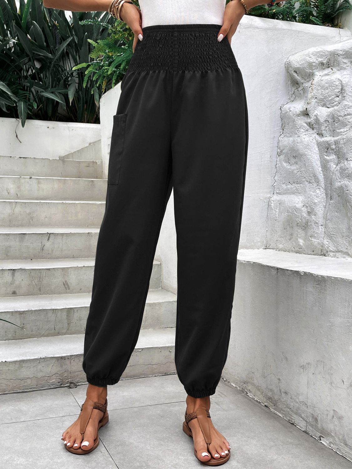 High Rise Smocked Joggers for Women with Pockets | Soft and Stretchy Polyester-Spandex Blend