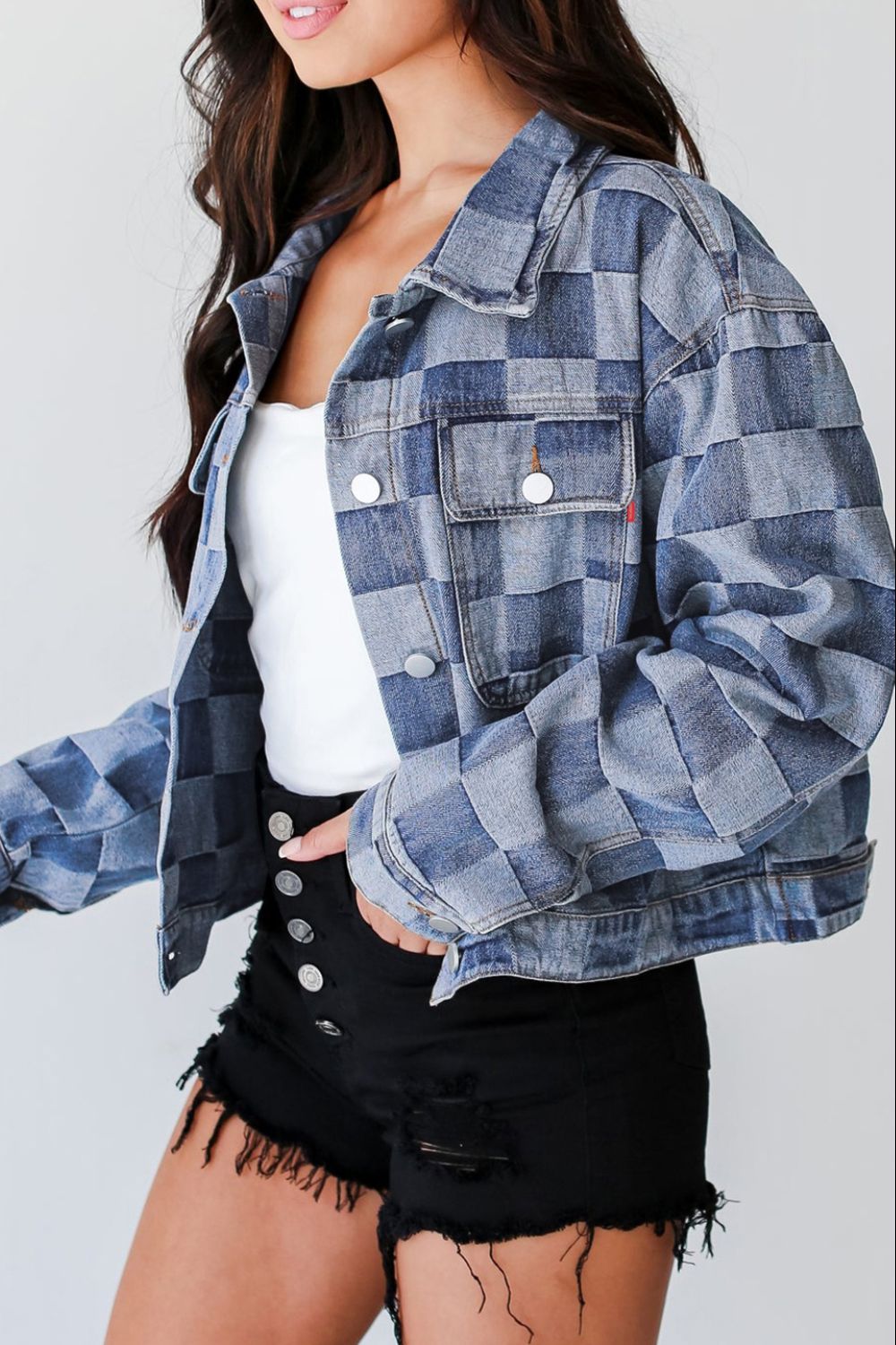 Women's Stylish Checkered Button-Up Denim Jacket with Pockets | Durable Cotton-Polyester Blend