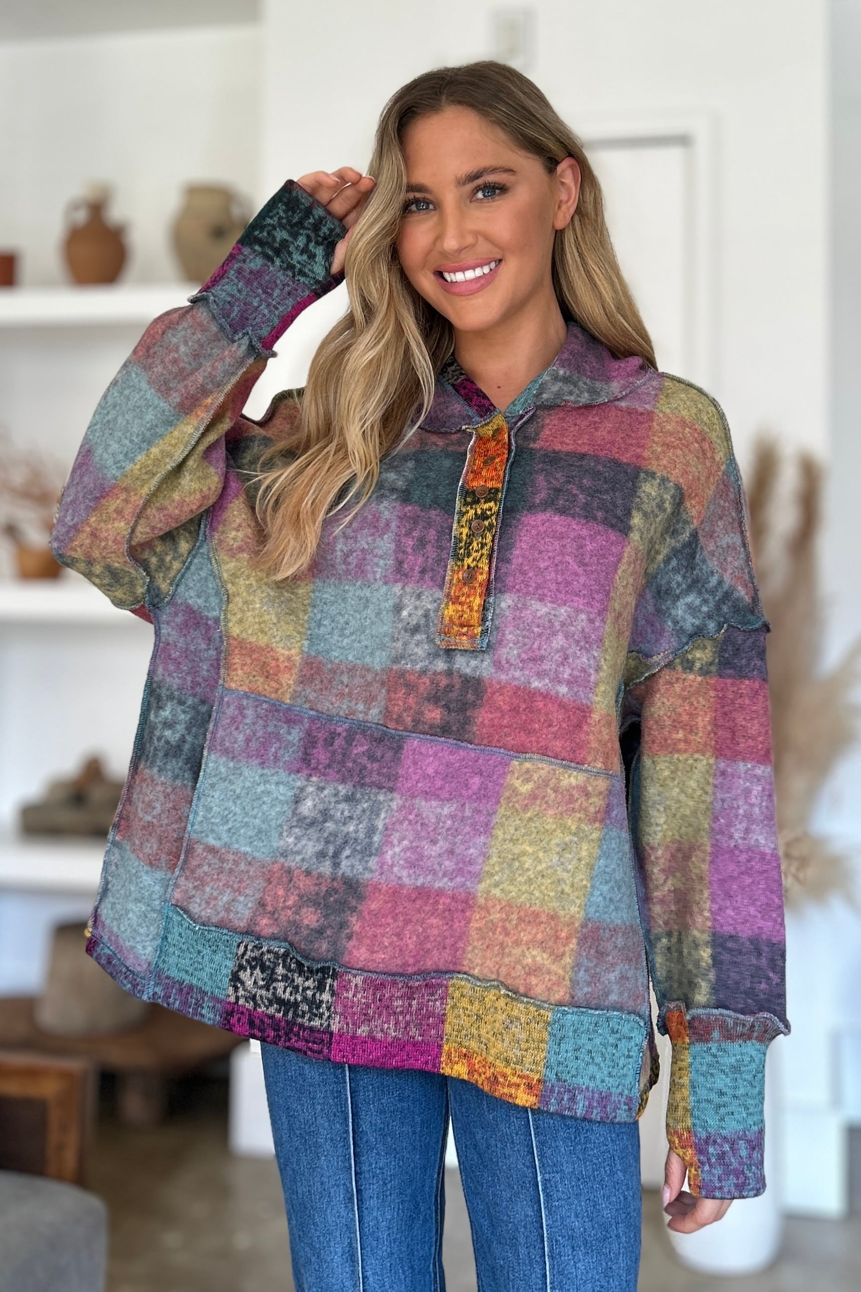 Women’s Oversized Plaid Hoodie with Dropped Shoulders and Pocket