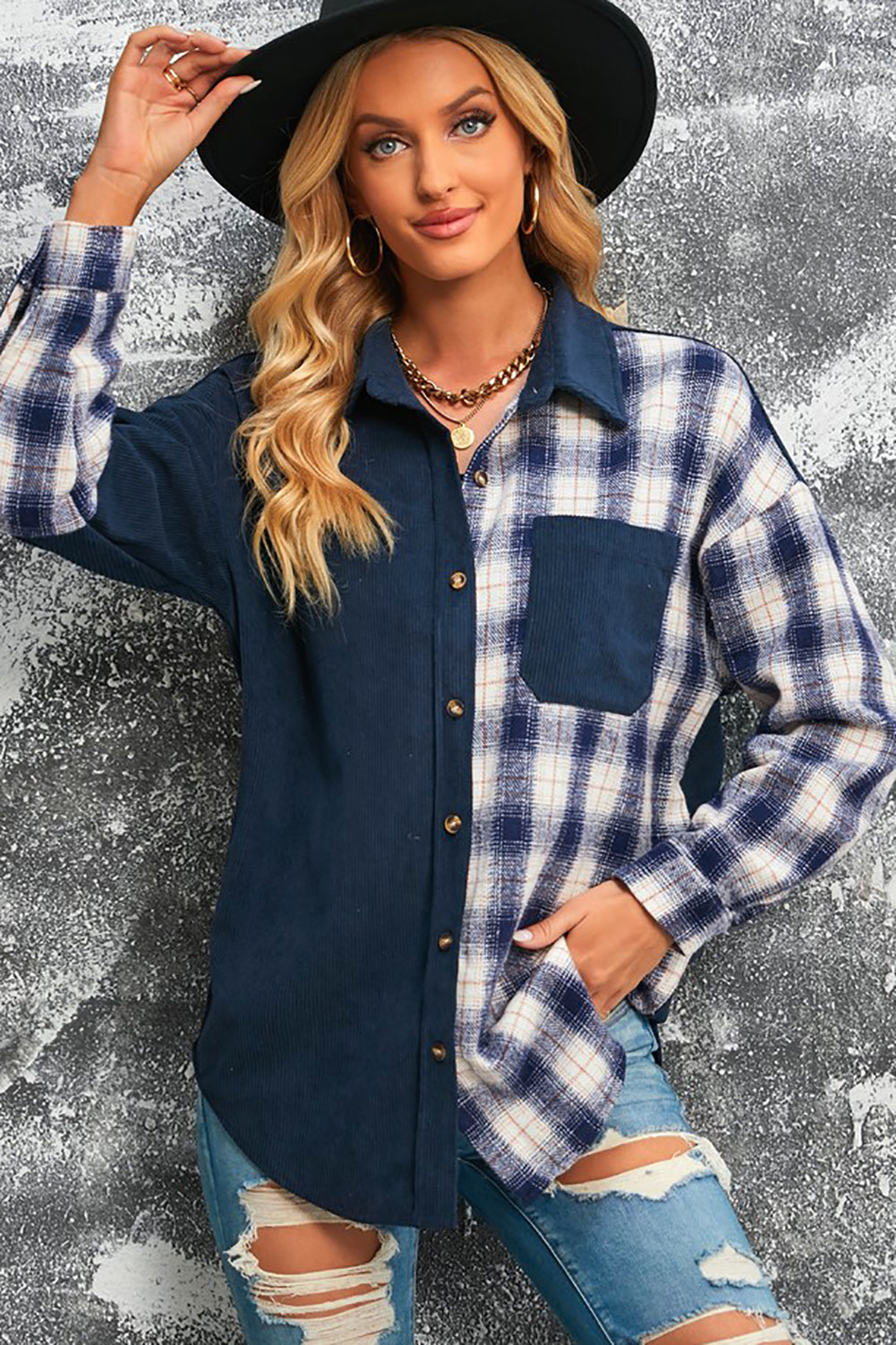 Women's Double Take Plaid Color Block Corduroy Shacket with Dropped Shoulders