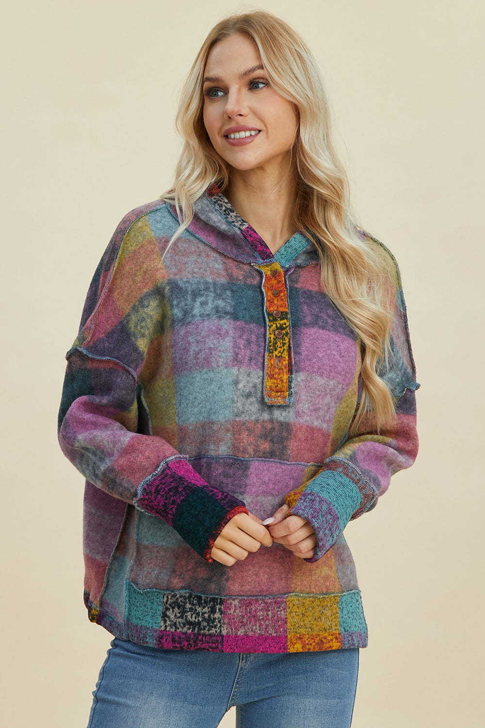 Women’s Oversized Plaid Hoodie with Dropped Shoulders and Pocket