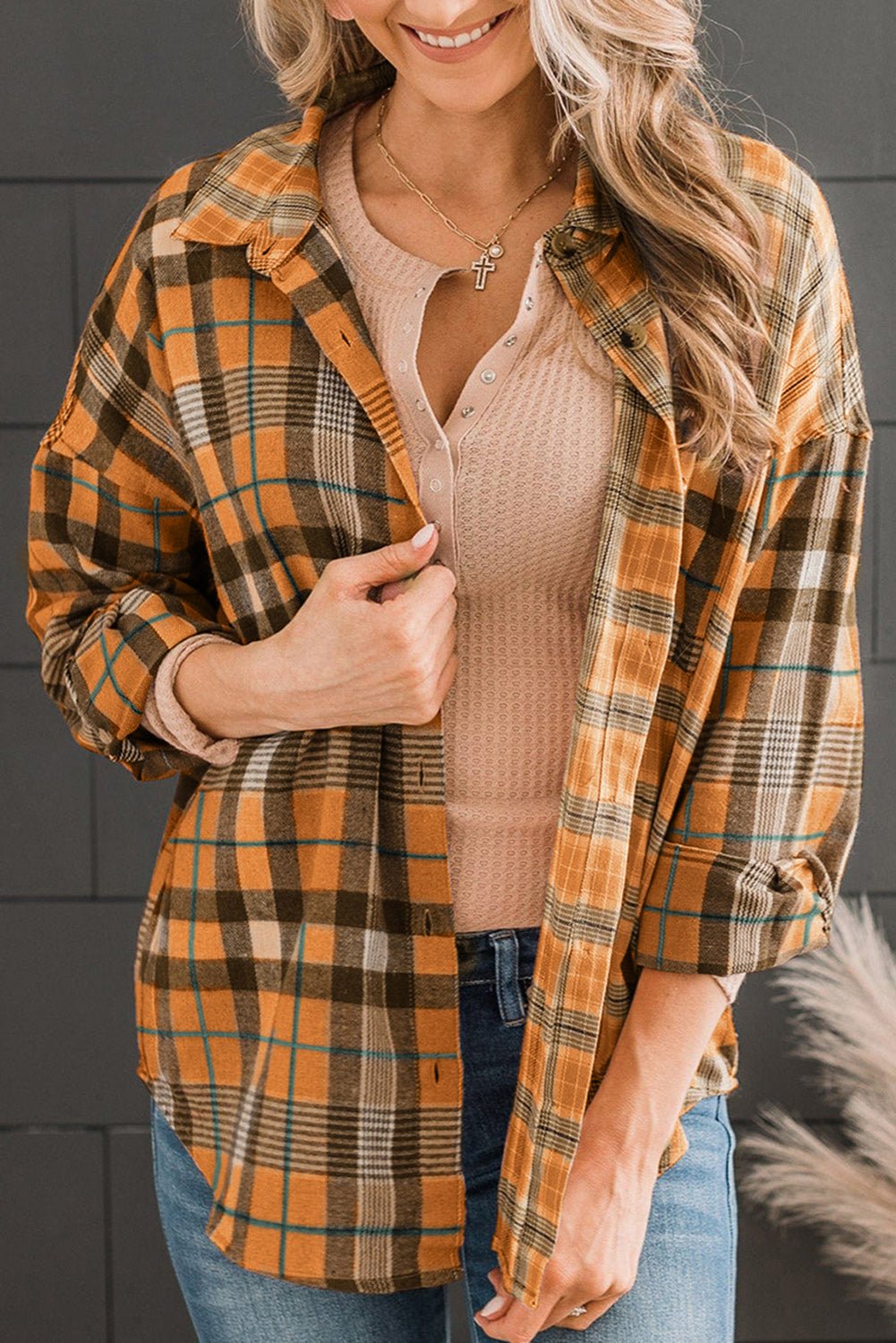 Women's Plaid Collared Neck Long Sleeve Button-Up Shirt with Pocket