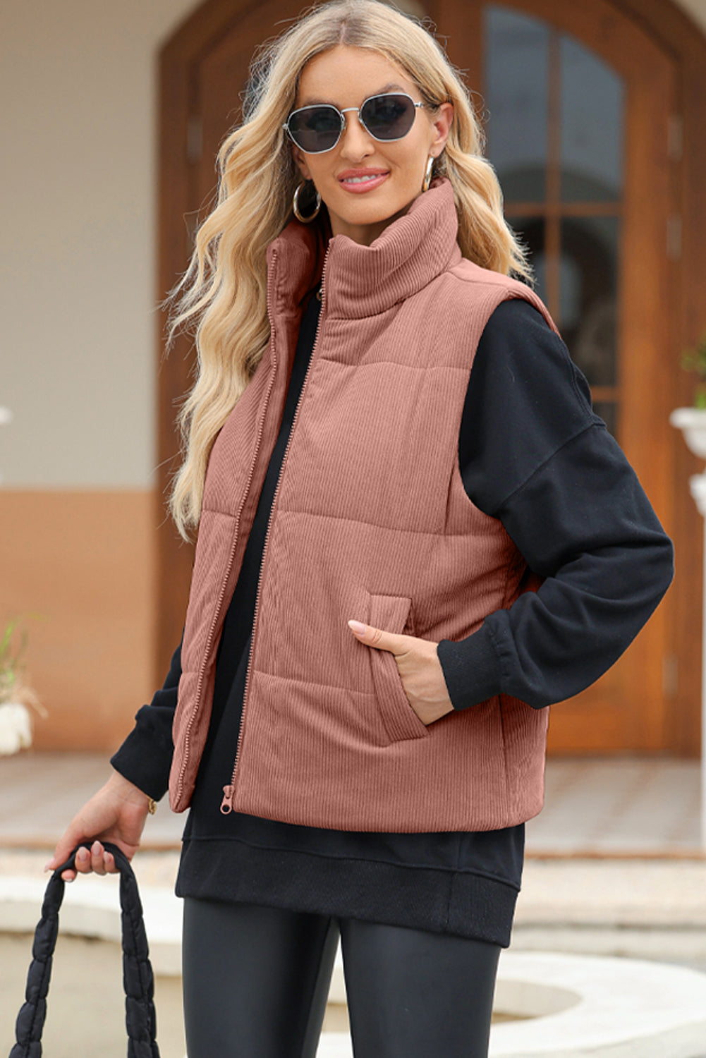 Women’s Zip Up Turtleneck Vest Coat with Pockets – High-Quality Polyester