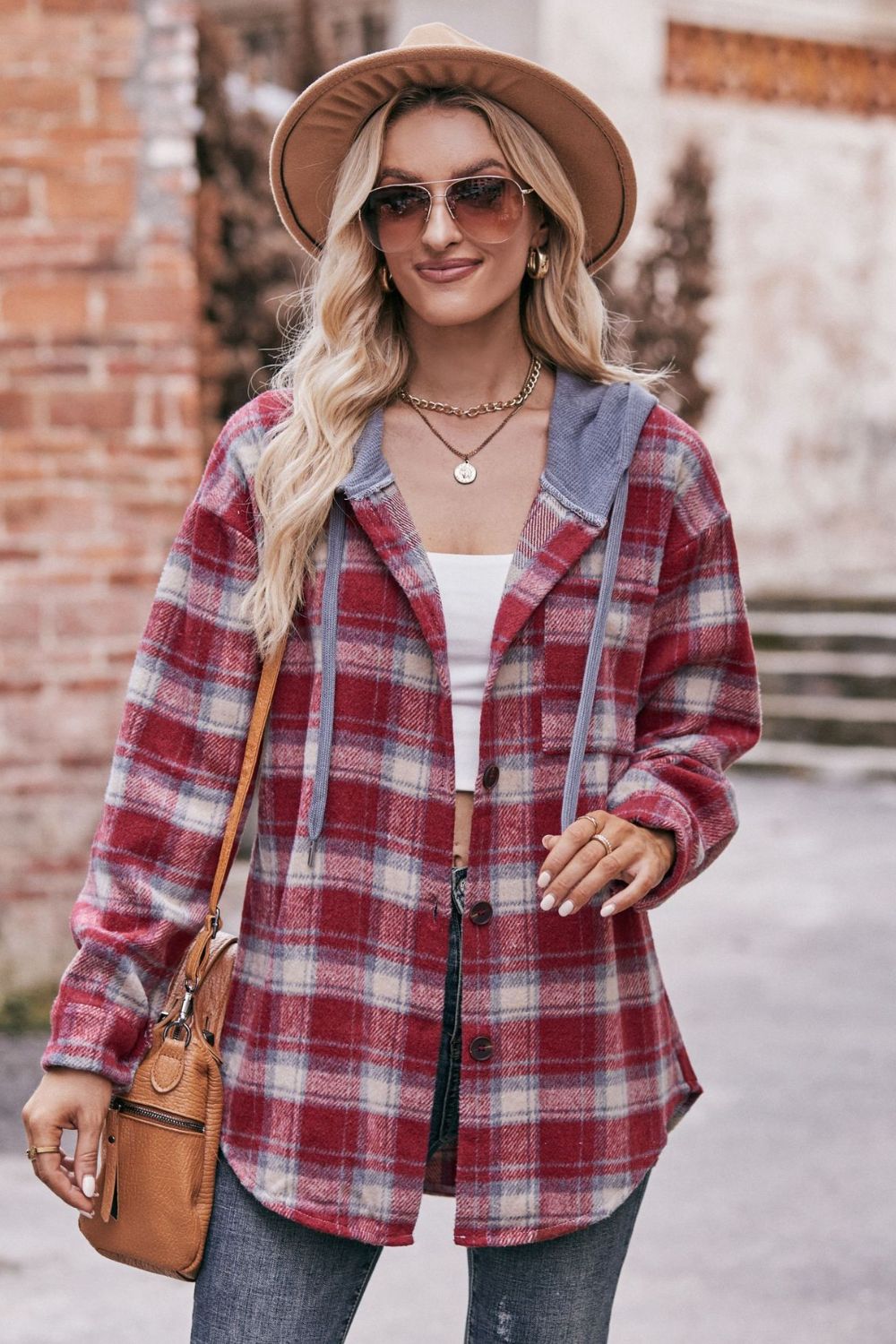 Mandy Women's Hooded Longline Plaid Jacket - Dropped Shoulders and Casual Style