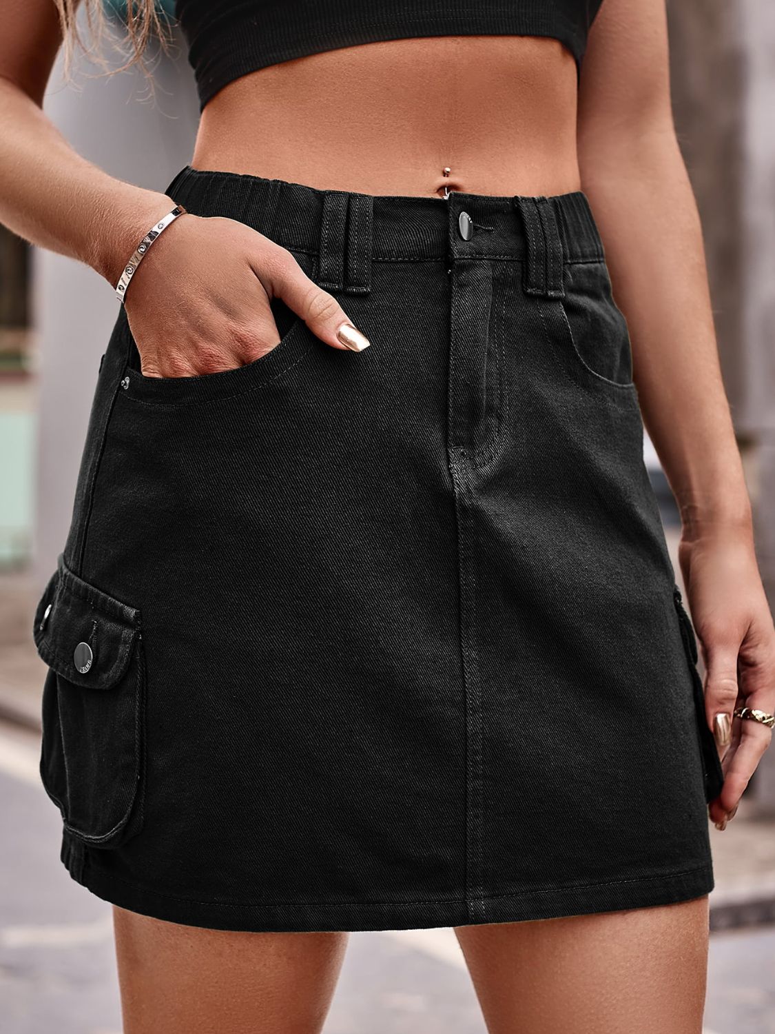 Casual Women's Denim Mini Skirt - Pockets, Stretchy Fit, and Straight Hem