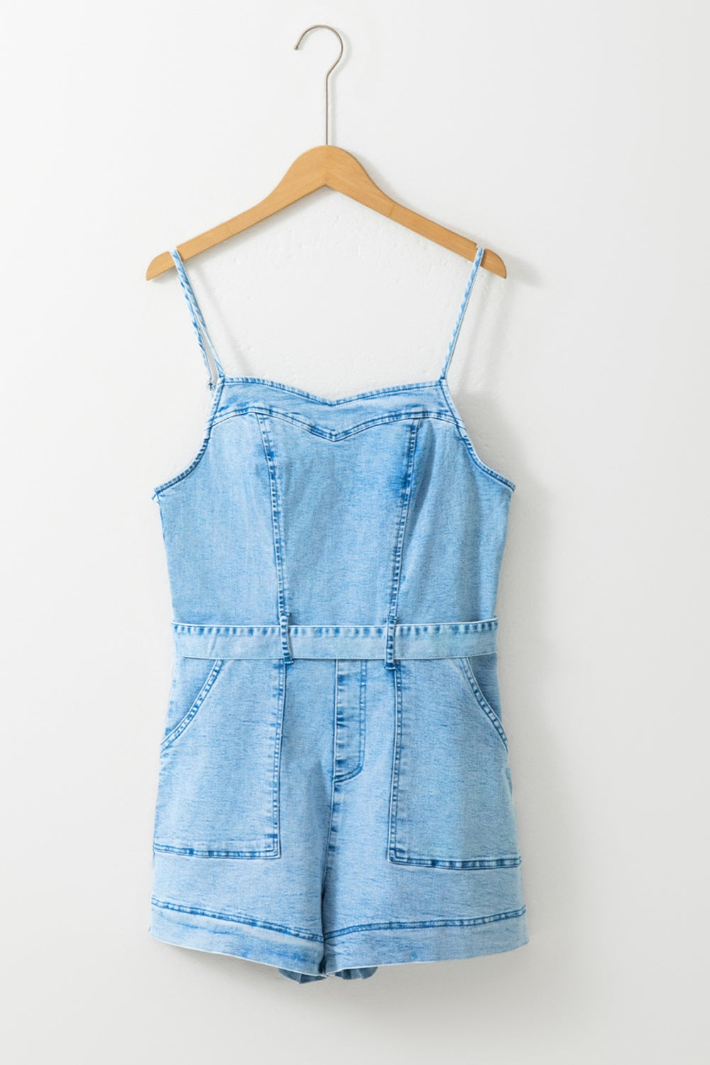 Chic and Comfortable Denim Romper with Tied Spaghetti Straps for Women