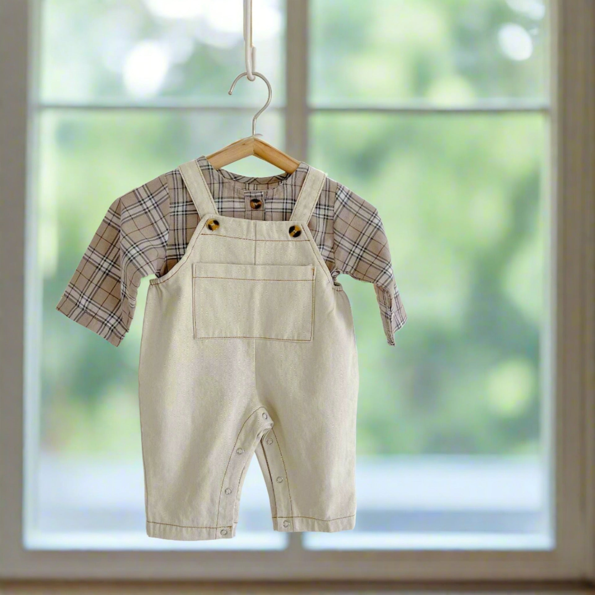 Baby Plaid Long Sleeve Top & Denim Overalls - 100% Cotton - Beige Plaid Pattern - Unisex (1-3 Years) - Comfortable & Stylish