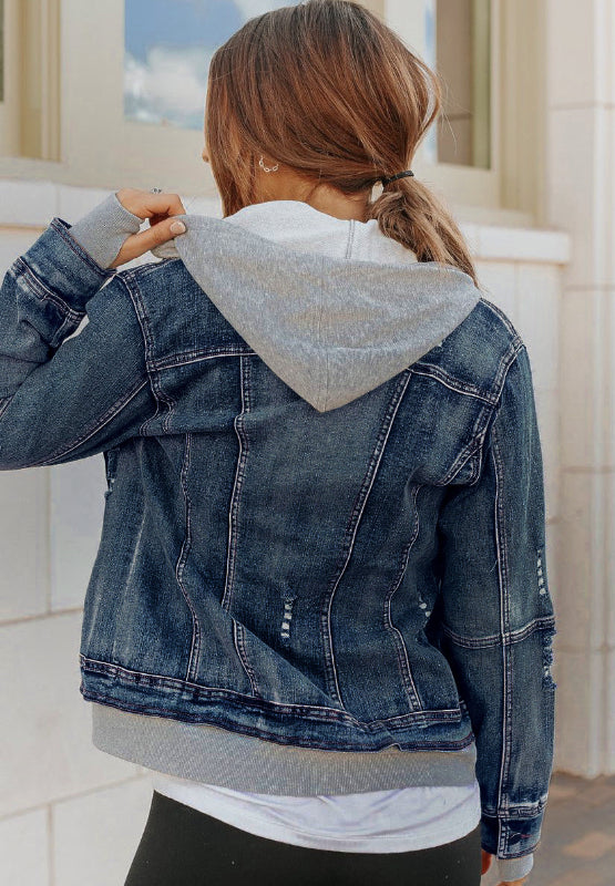 Stylish Women's Fake Two-Piece Denim Hoodie Jacket | Zip-Up with Distressed Accents and Pockets