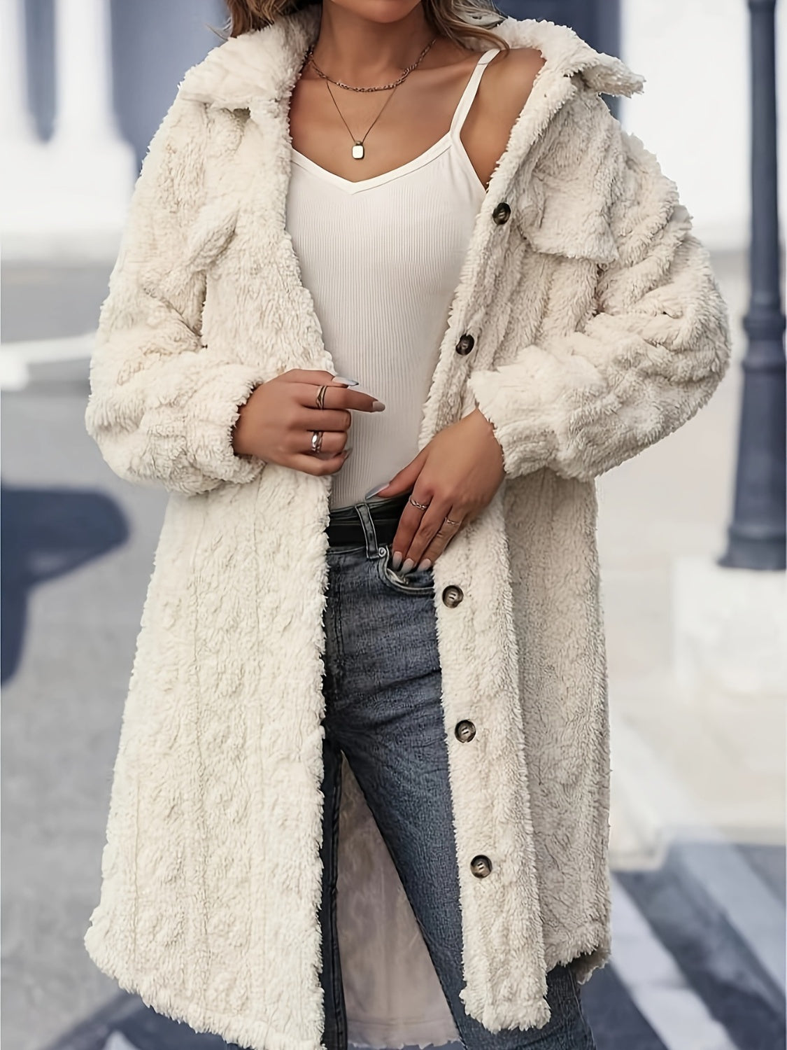 Cozy Women's Fuzzy Longline Coat | Button-Up Long Sleeve Jacket for Warmth and Style