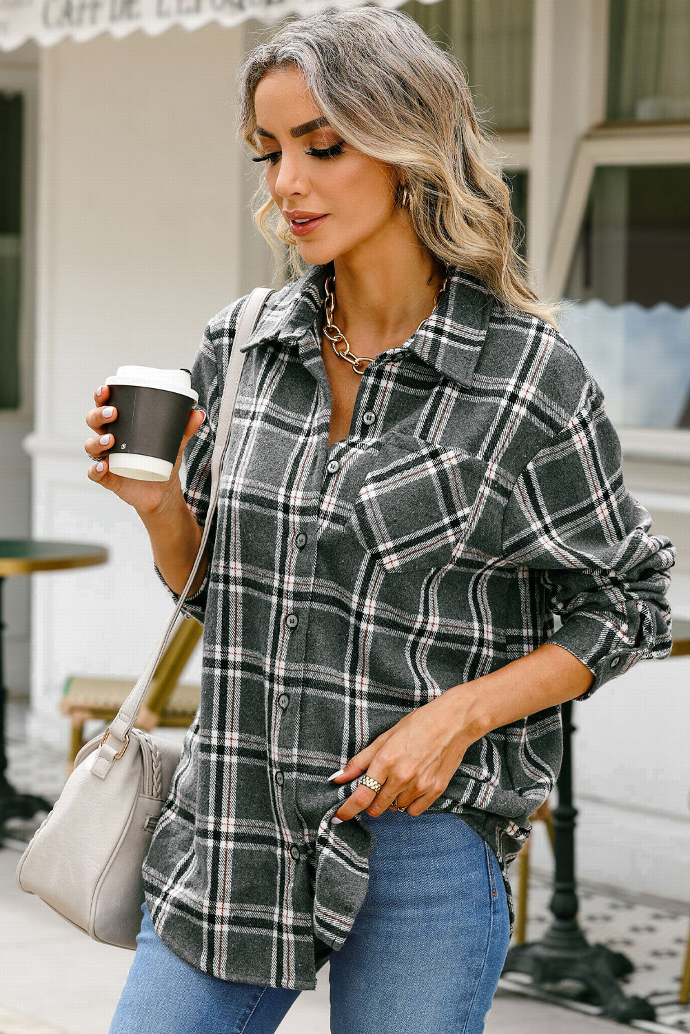 Women's Long Sleeve Plaid Shirt with Collared Neck and Button Front - Polyester