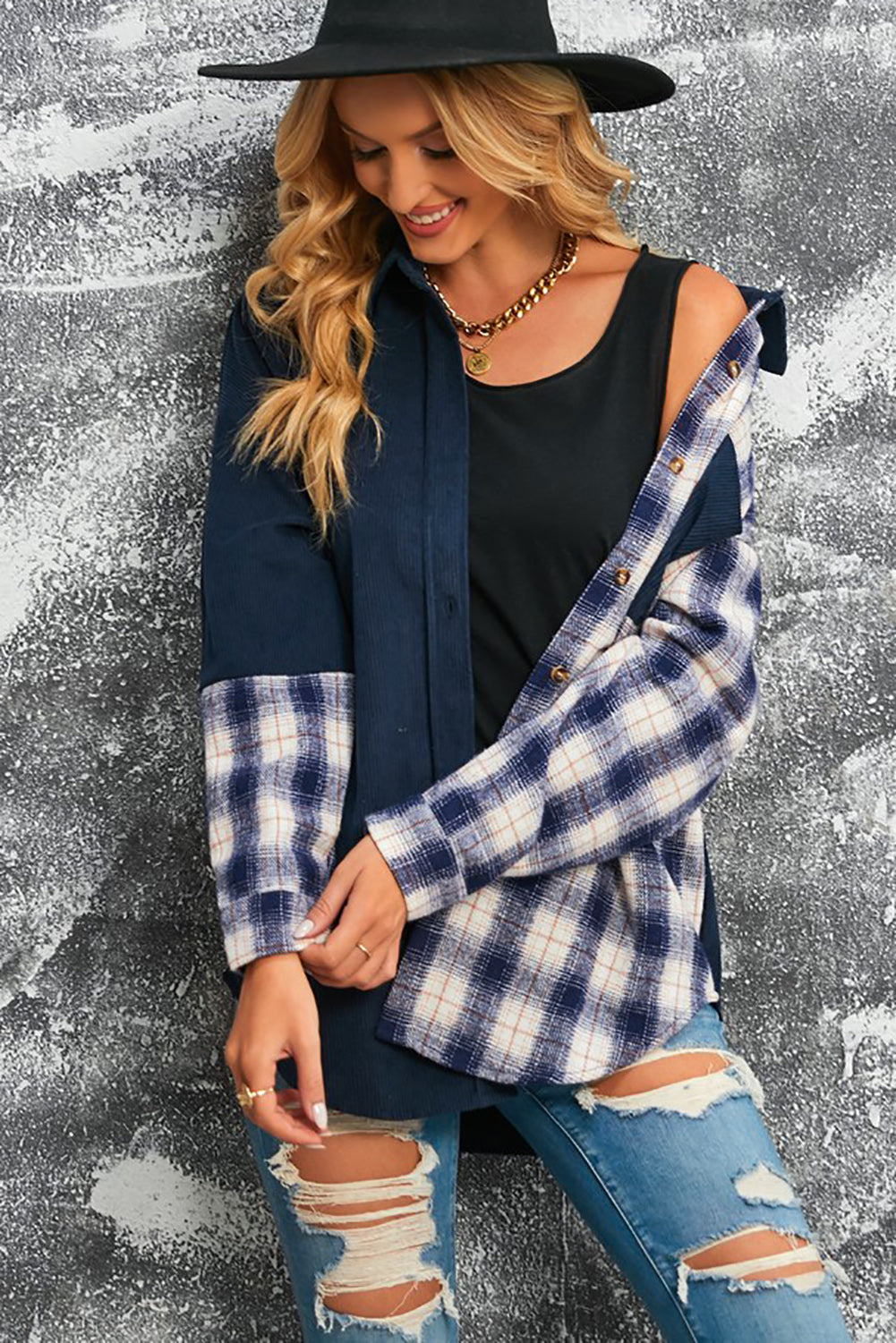 Women's Double Take Plaid Color Block Corduroy Shacket with Dropped Shoulders