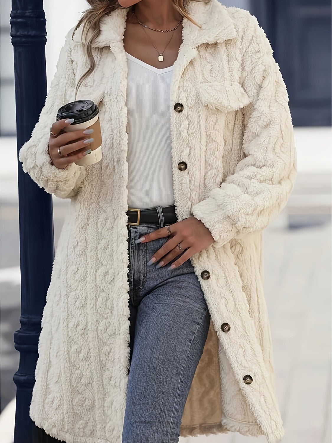 Cozy Women's Fuzzy Longline Coat | Button-Up Long Sleeve Jacket for Warmth and Style