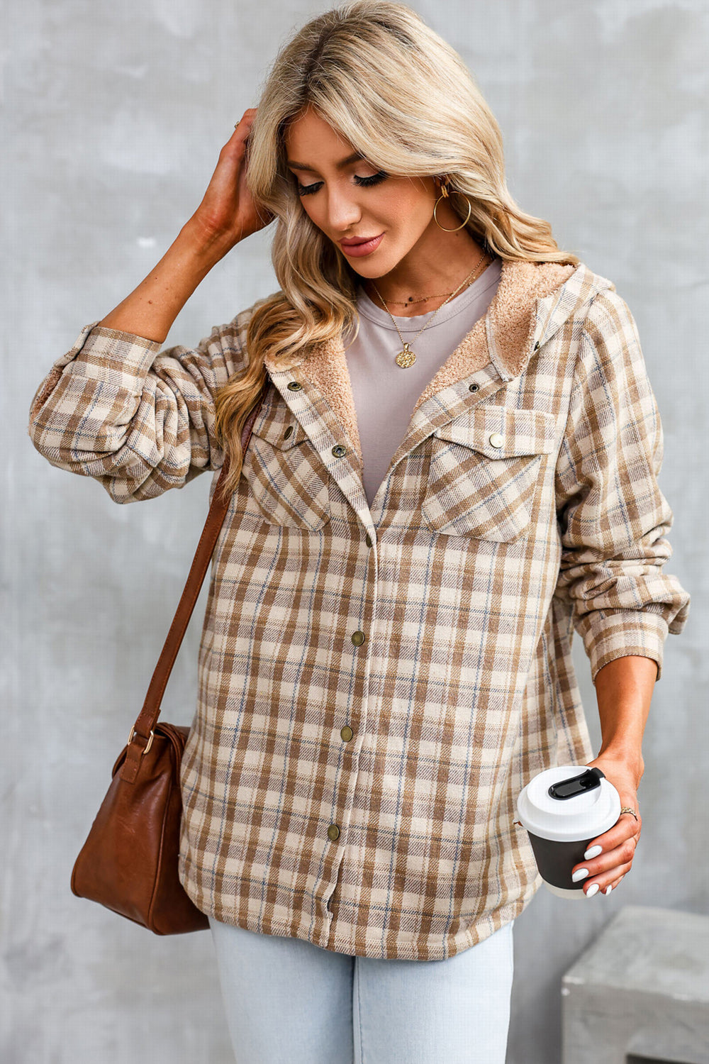 Women’s Plaid Hooded Jacket with Snap Front and Pockets - 100% Polyester Seasonal Outerwear