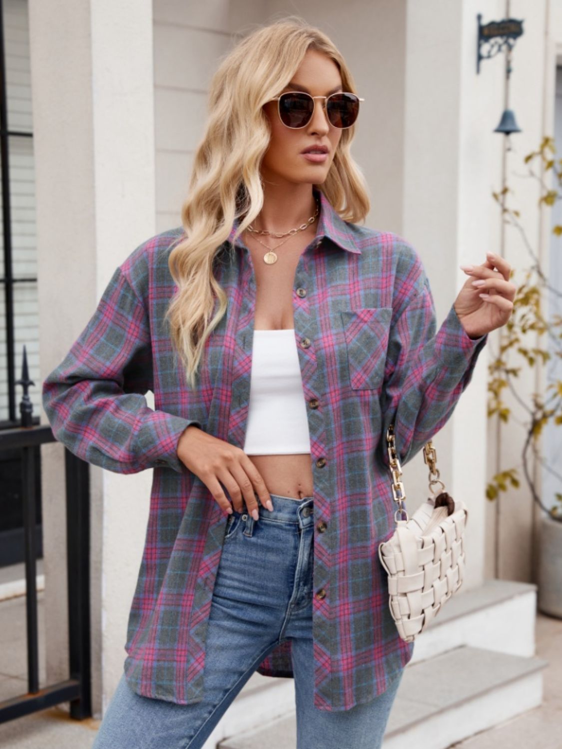 Women's Long Sleeve Plaid Shirt with Pockets - Stretchy Polyester Collared Button-Up