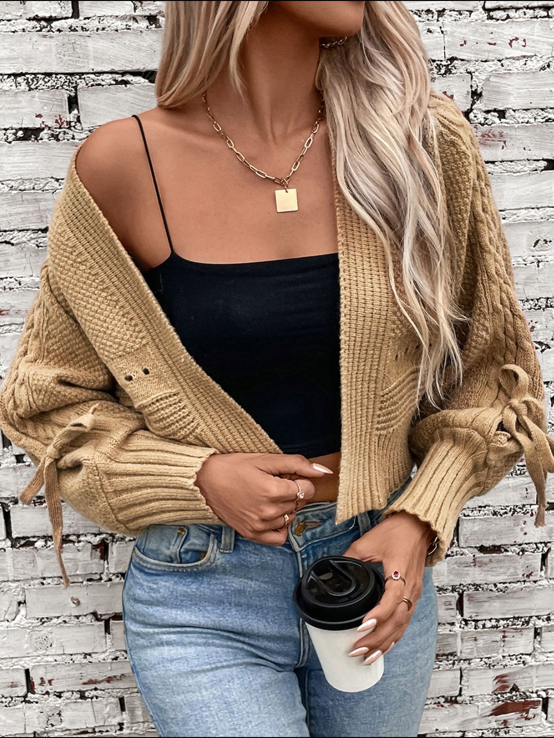 Women's Cable-Knit Lantern Sleeve Open Front Cardigan with Tied Details | Soft and Versatile Knitwear