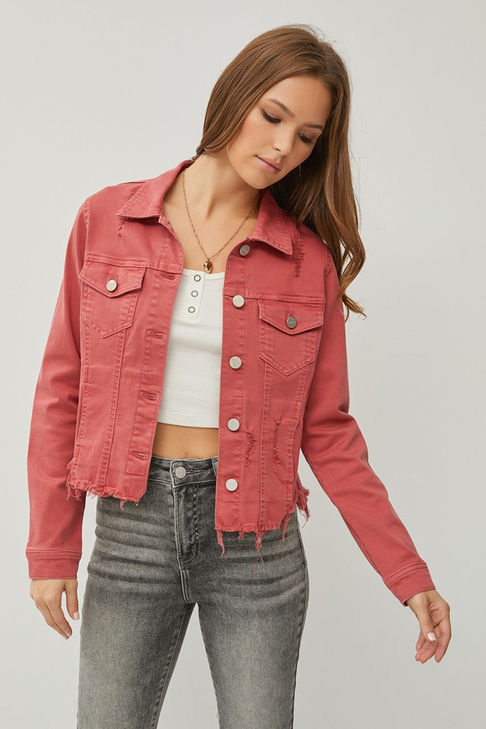 Women's RISEN Cropped Denim Jacket with Raw Hem and Button-Up Style