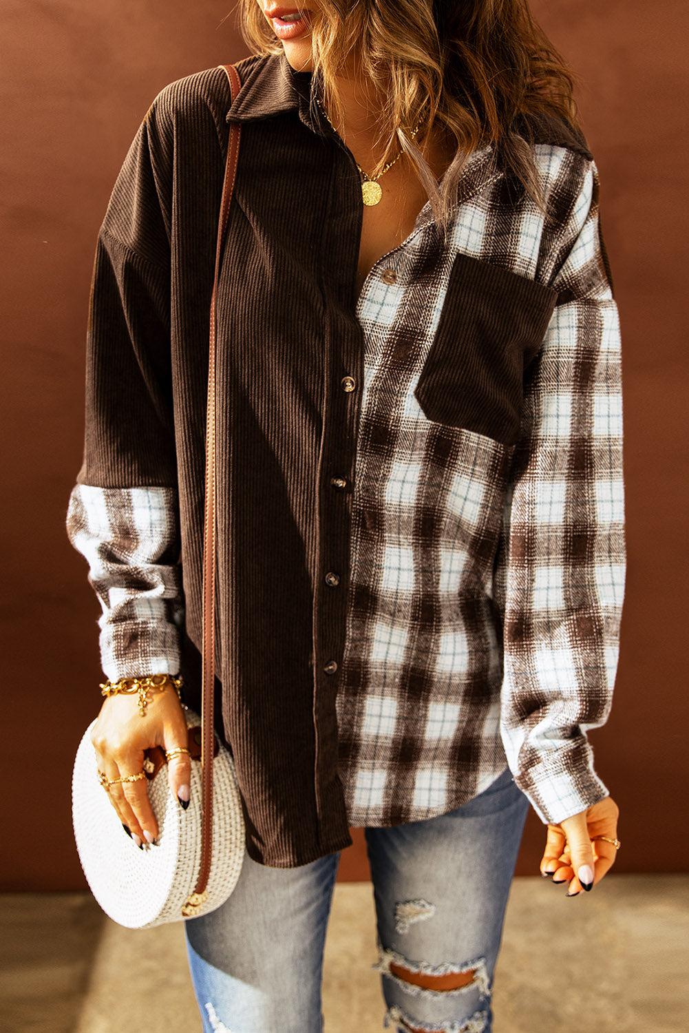 Women's Double Take Plaid Color Block Corduroy Shacket with Dropped Shoulders