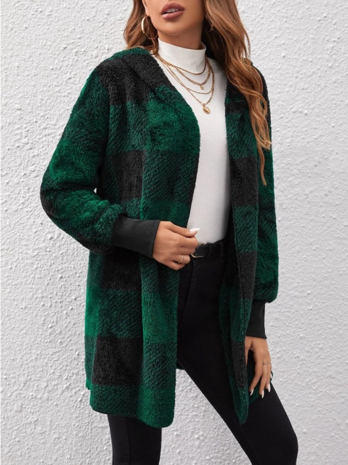 Women's Plaid Long Sleeve Hooded Coat with Comfortable Non-Lined Design