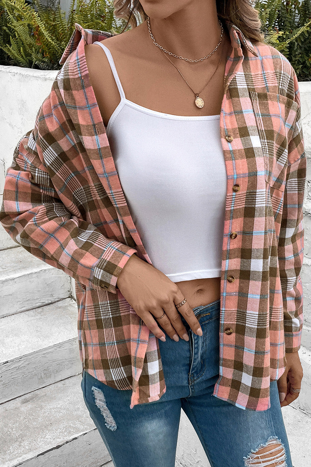 Women's Plaid Collared Neck Long Sleeve Button-Up Shirt with Pocket