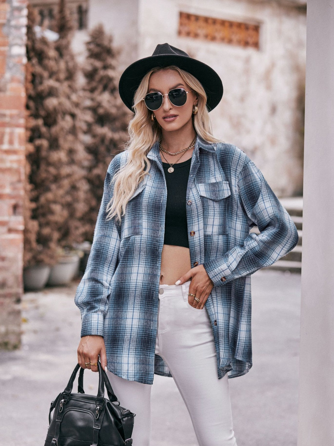 Women's Plaid Longline Shirt with Pockets - Dropped Shoulder Oversized Design