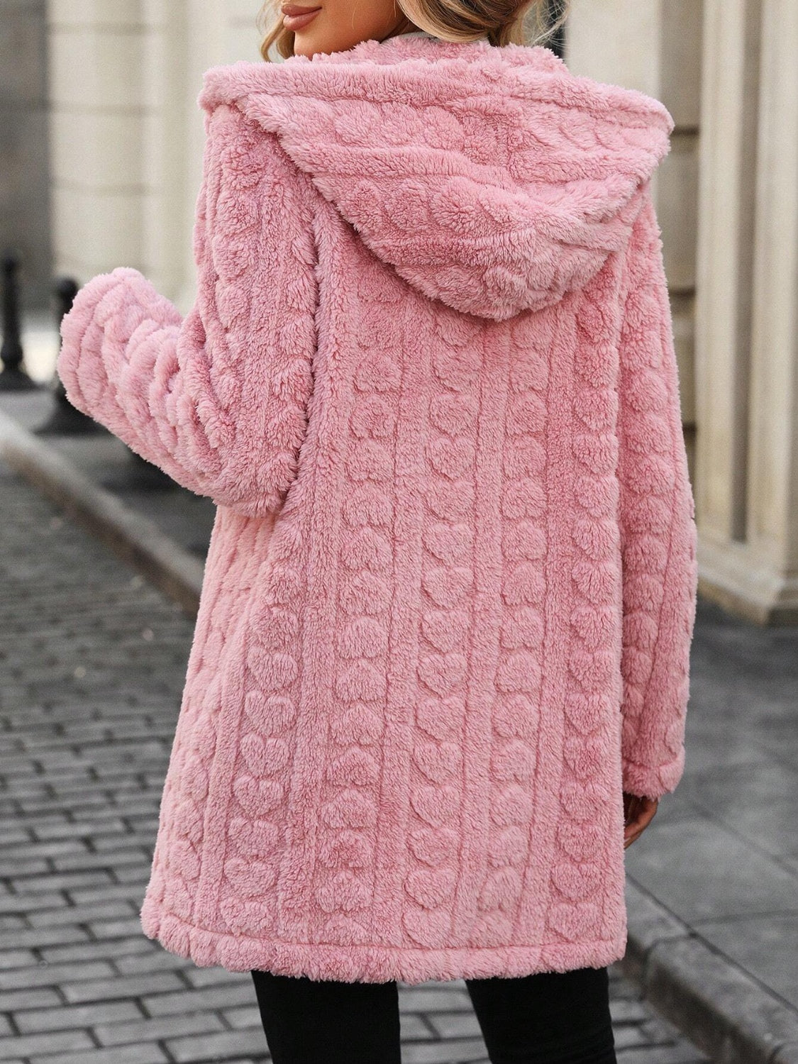 Fuzzy Heart Open Front Hooded Coat for Women | Soft Polyester Outerwear with Easy Care