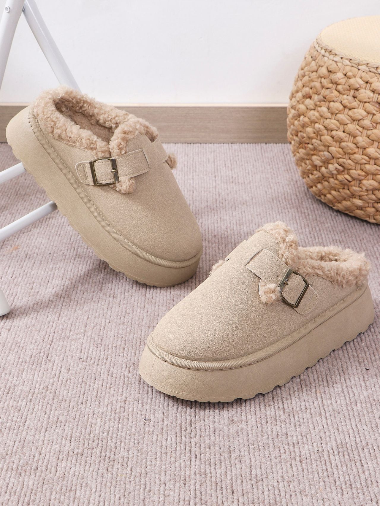 Warm and Cozy Women's Thermal Faux Fur Buckle Platform Slippers | Ultra Soft and Comfortable