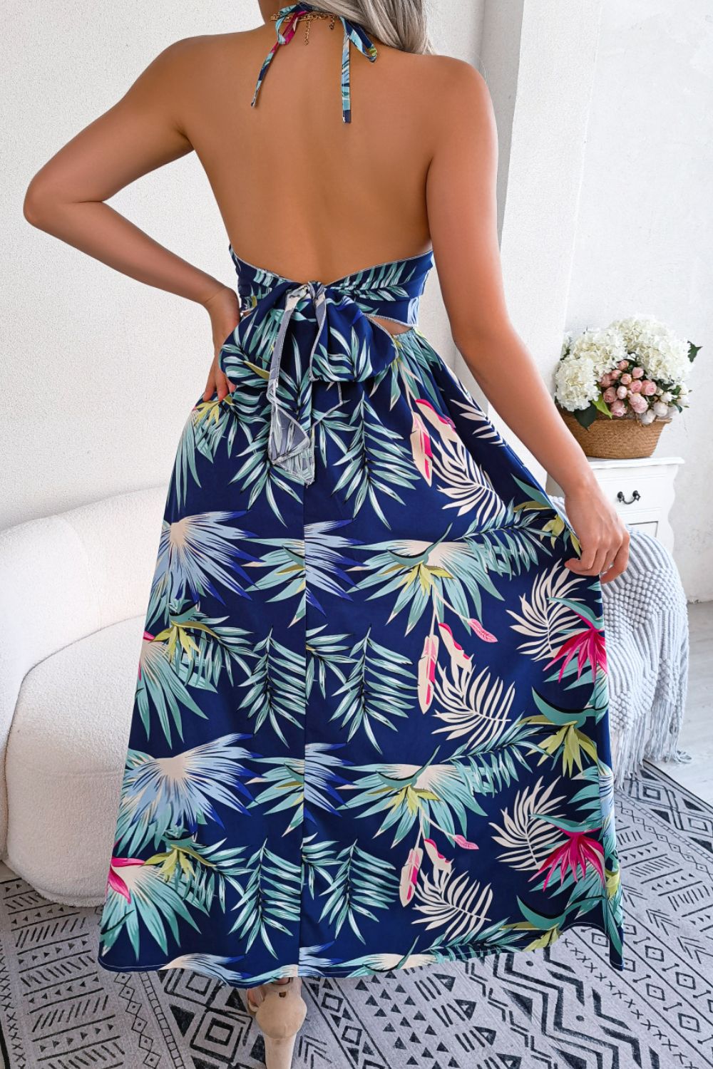 Boho Chic Botanical Print Dress with Tied Neckline and Cutout Slit for Women