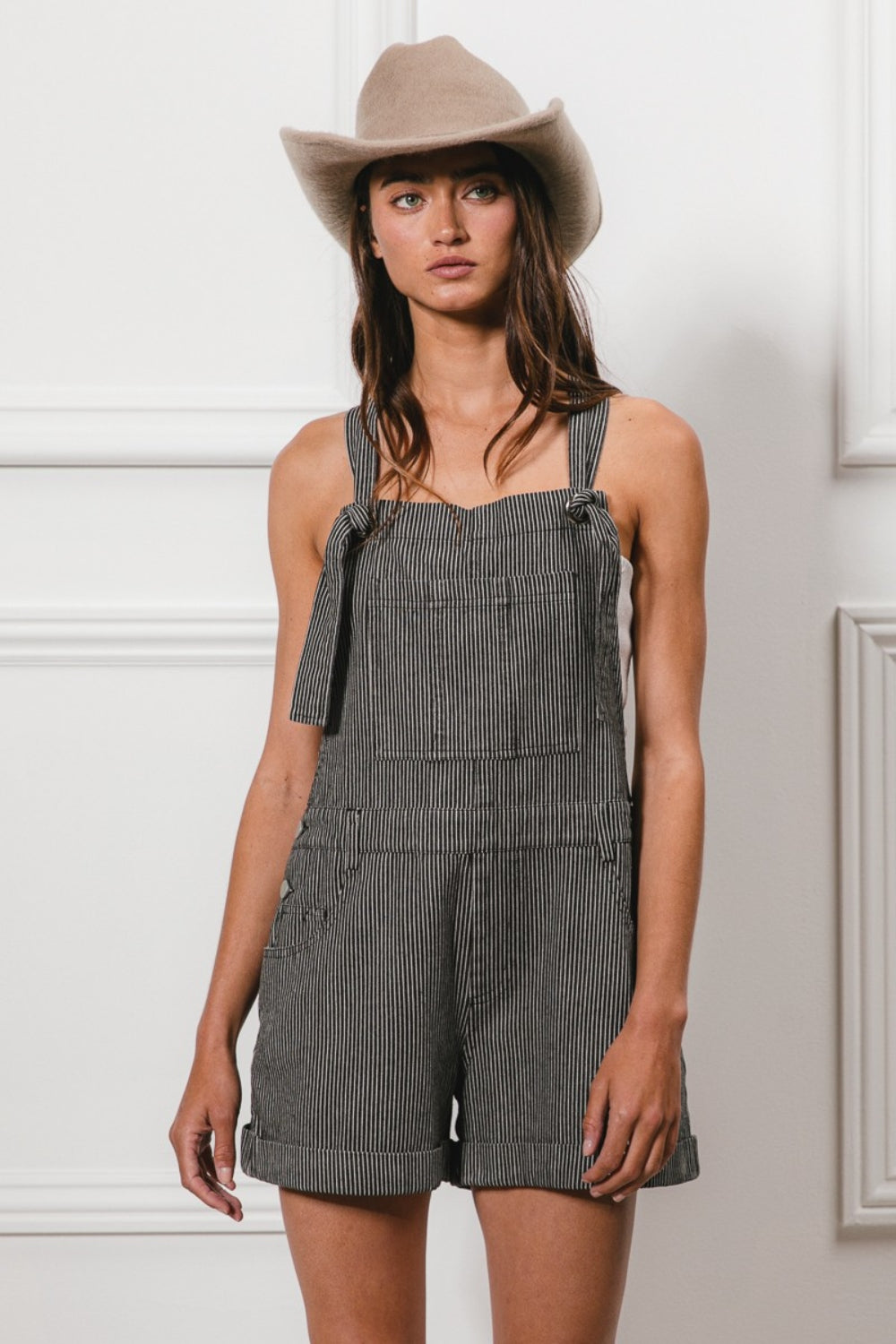 BiBi Washed Stripe Denim Overalls with Tie Straps for Women - Perfect for Summer