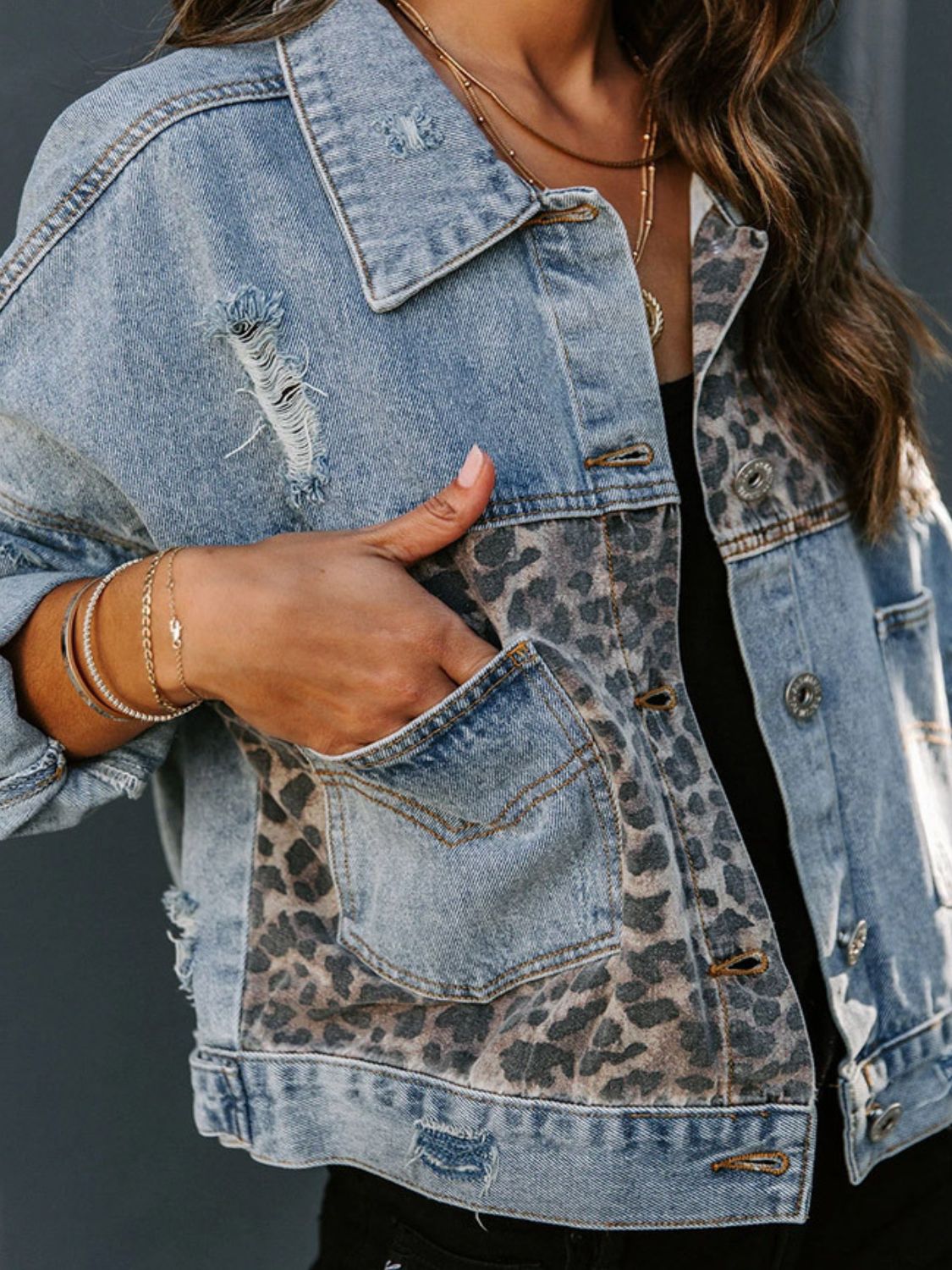 Women's Distressed Leopard Print Drop Shoulder Denim Jacket | Comfortable and Stylish