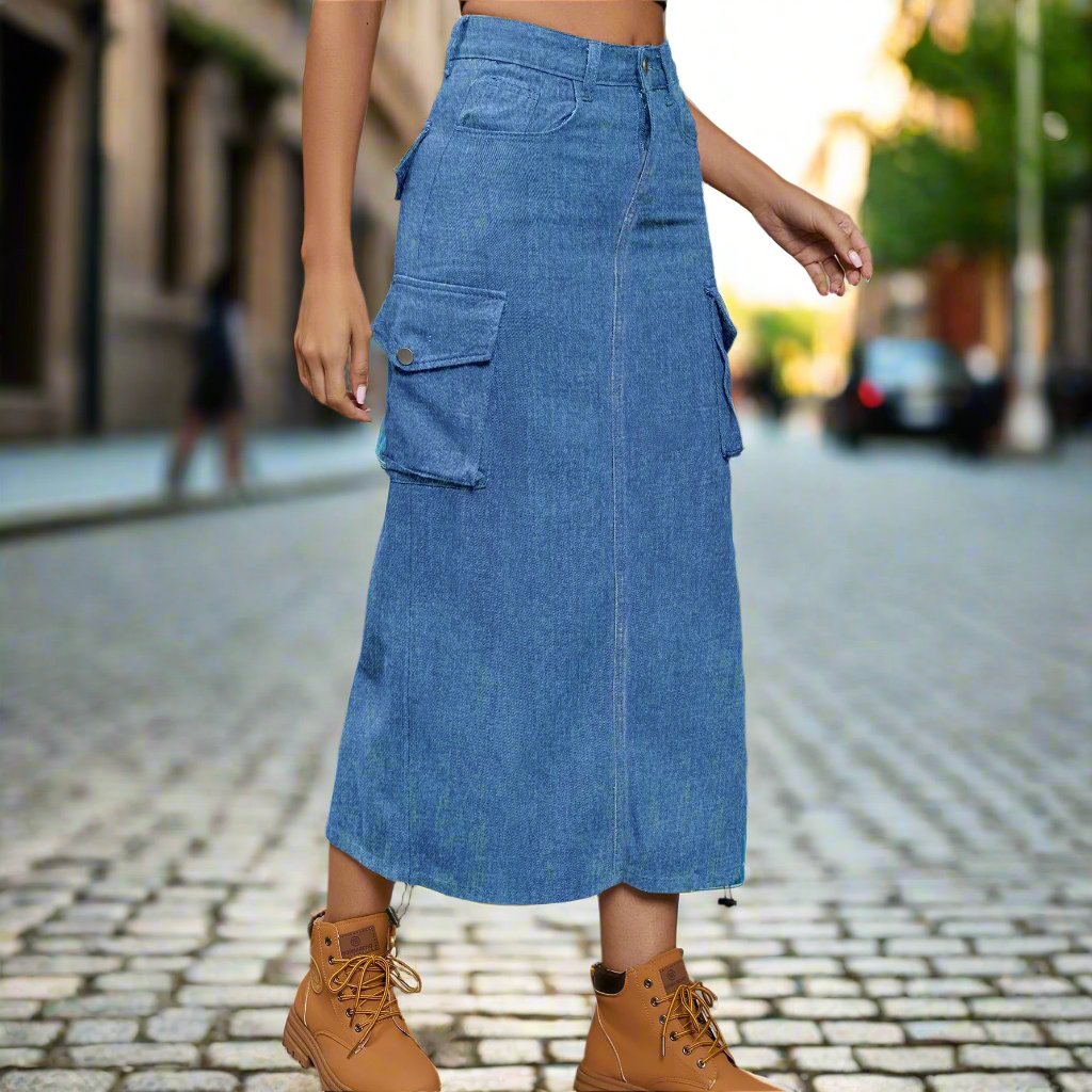 Stylish Women's Denim Midi Skirt with Drawstring - Ruched Design and Slit