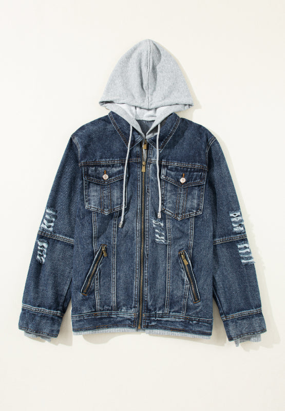 Stylish Women's Fake Two-Piece Denim Hoodie Jacket | Zip-Up with Distressed Accents and Pockets