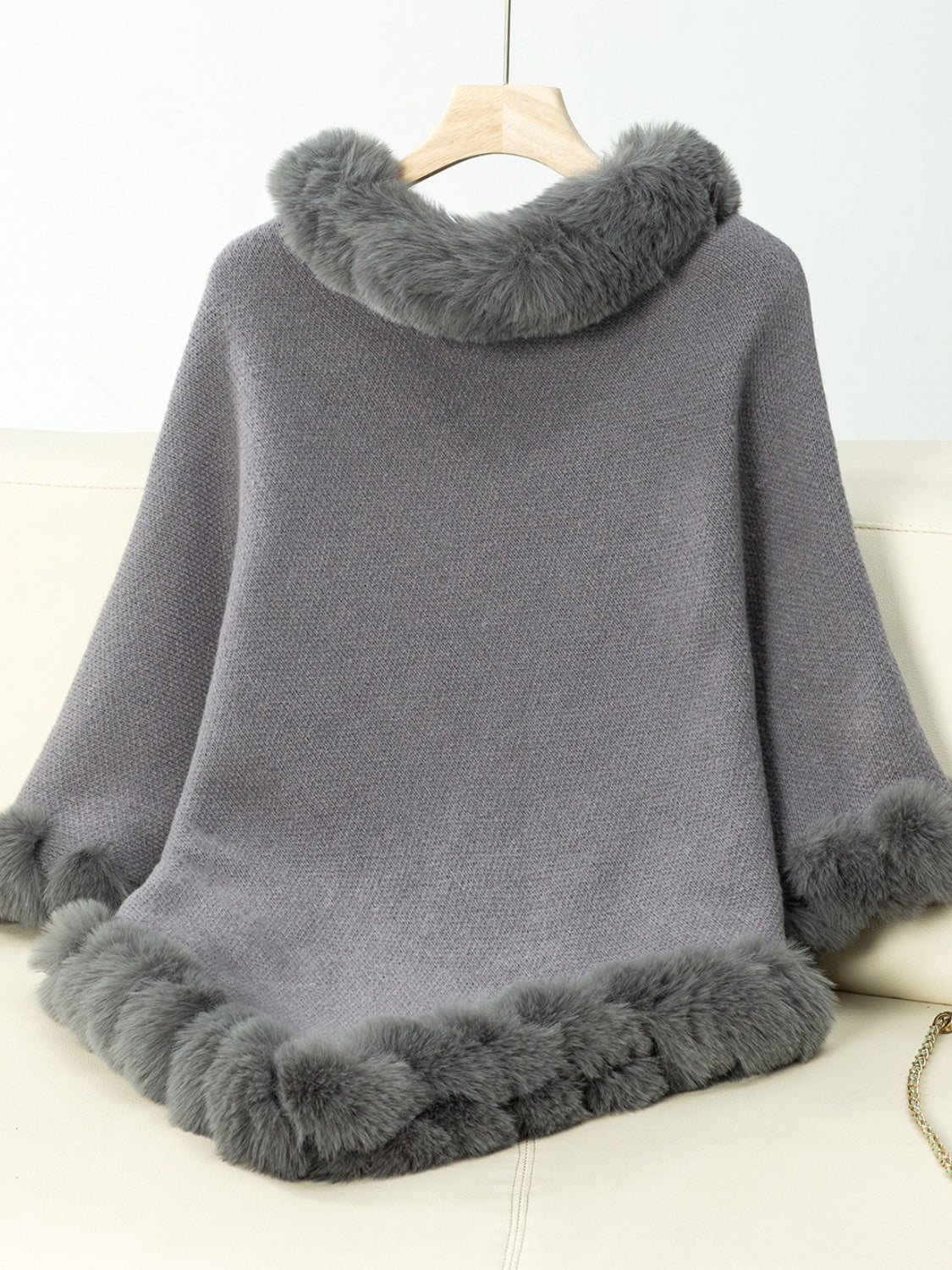 Women's Fuzzy Trim Three-Quarter Sleeve Poncho | Soft Acrylic Texture for Everyday Wear