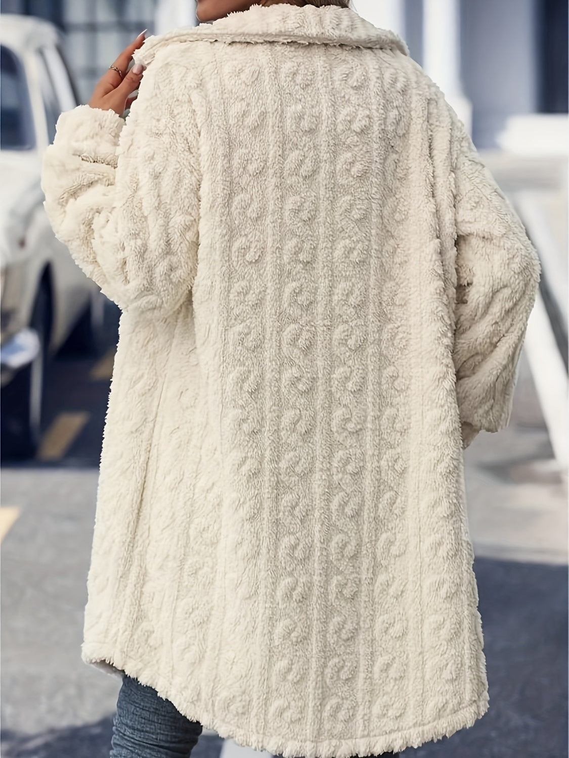 Cozy Women's Fuzzy Longline Coat | Button-Up Long Sleeve Jacket for Warmth and Style