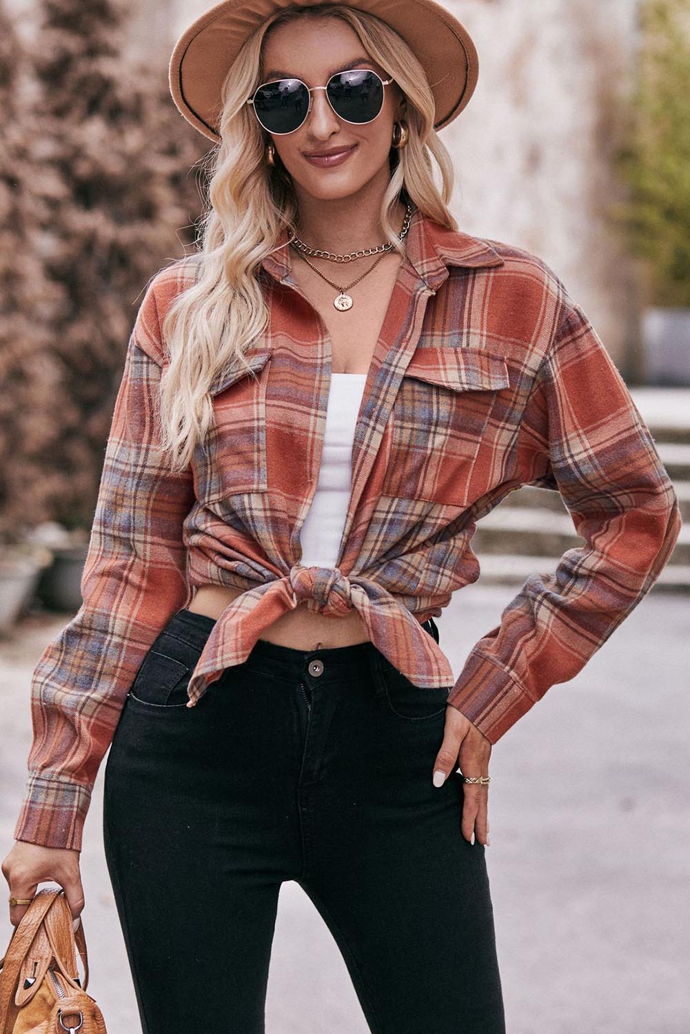 Women's Pocketed Plaid Button Up Dropped Shoulder Shirt