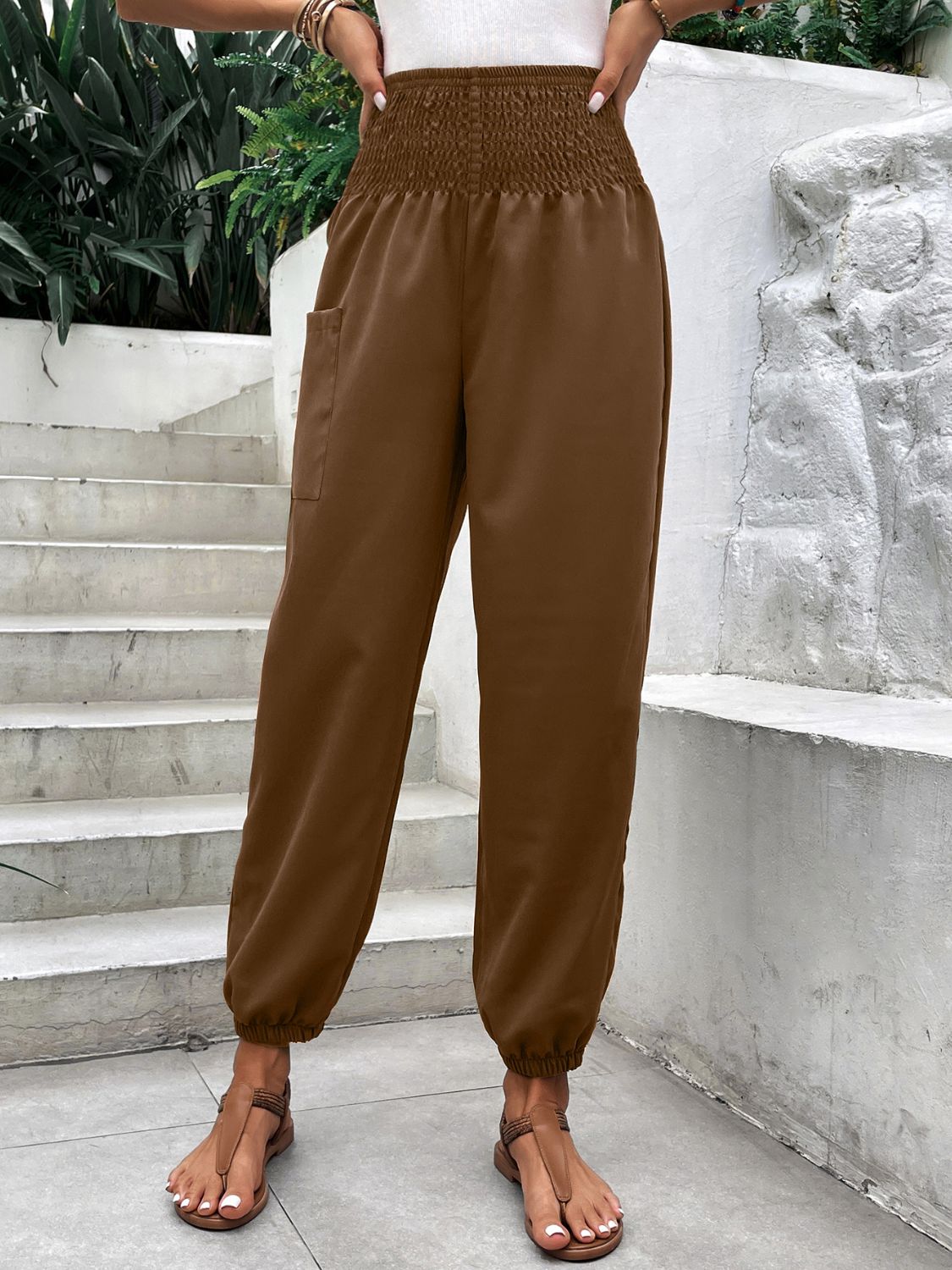 High Rise Smocked Joggers for Women with Pockets | Soft and Stretchy Polyester-Spandex Blend