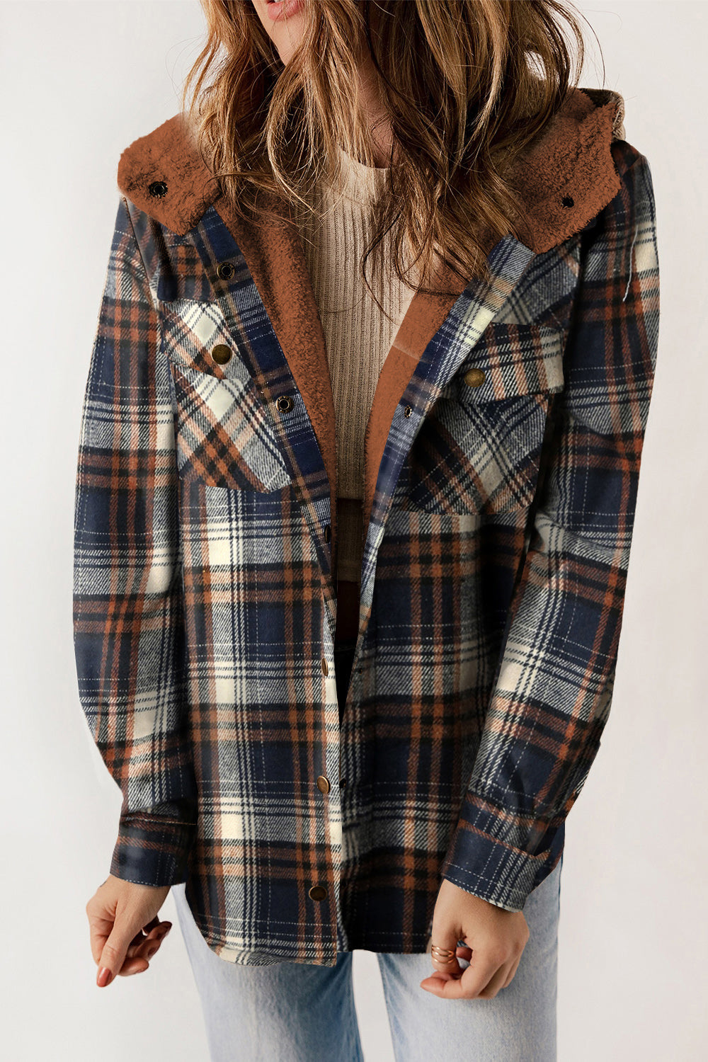 Women’s Plaid Hooded Jacket with Snap Front and Pockets - 100% Polyester Seasonal Outerwear