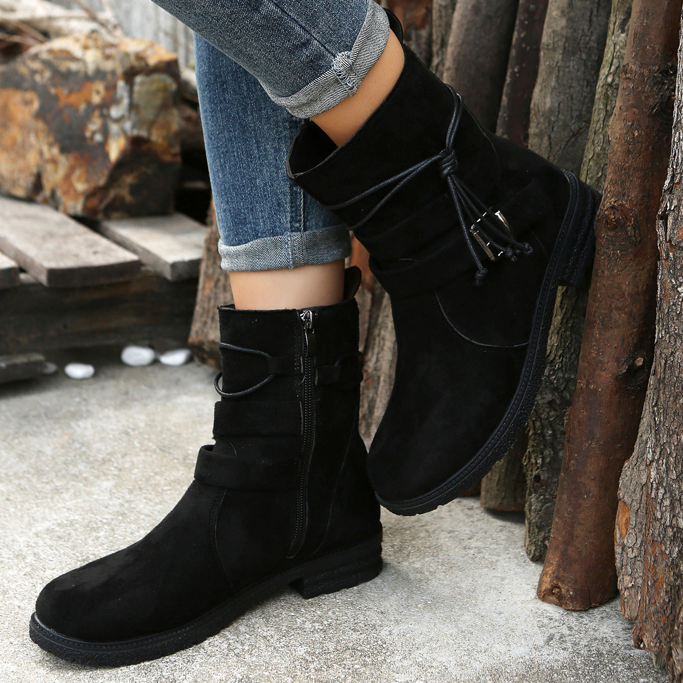 Stylish Women's Suede Side Zip Boots with Round Toe | All-Day Comfort Low Heel Footwear